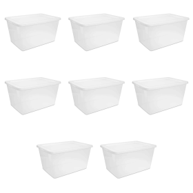 58 Quart Storage Box, Clear Plastic Storage Bin with Snap-on Lid, White (Pack Size: 8 Pack)