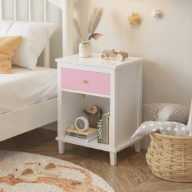 26.77''H Wooden Nightstand with One Drawer One Shelf for Kids, Adults (Material: MDF, Color: Pink)